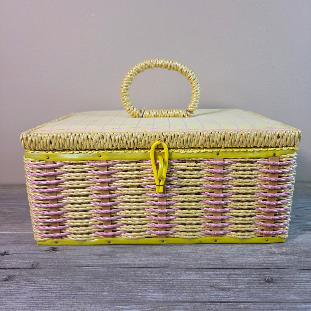Vintage Singer Sewing Basket Made in Japan Wicker Pink Yellow Plaid With Tray